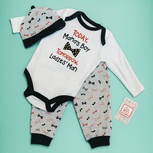 3 Pc Infant Baby Suit Beanie Bodysuit Pants Bow Mama's Boy Ladies' Man 6 - 9 M